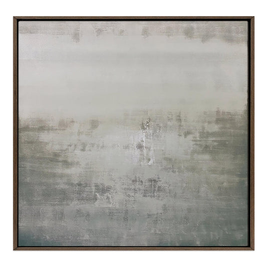 Abstract No 224 minimalist canvas print with pearl gray and sage neutral tones in an espresso wood frame. By Nivas Kanhere.