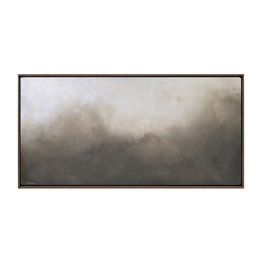 Abstract organic canvas print of cloudy mist, neutral colors, with a dark brown, espresso wood frame. Earthsong neutral abstract art by Gabriela Azar Schreiner.