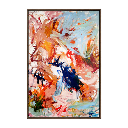 Dream Big abstract expressionist canvas print with vibrant fuchsia, blue, and coral tones in espresso wood frame. By Emily Starck.