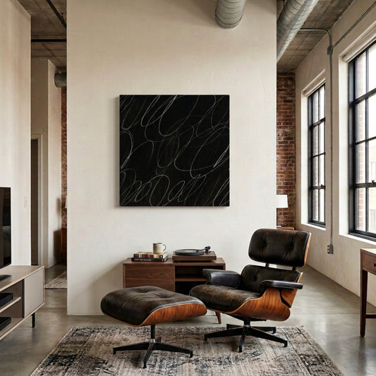 Abstract Marks in Charcoal Black Canvas Wall Art Square