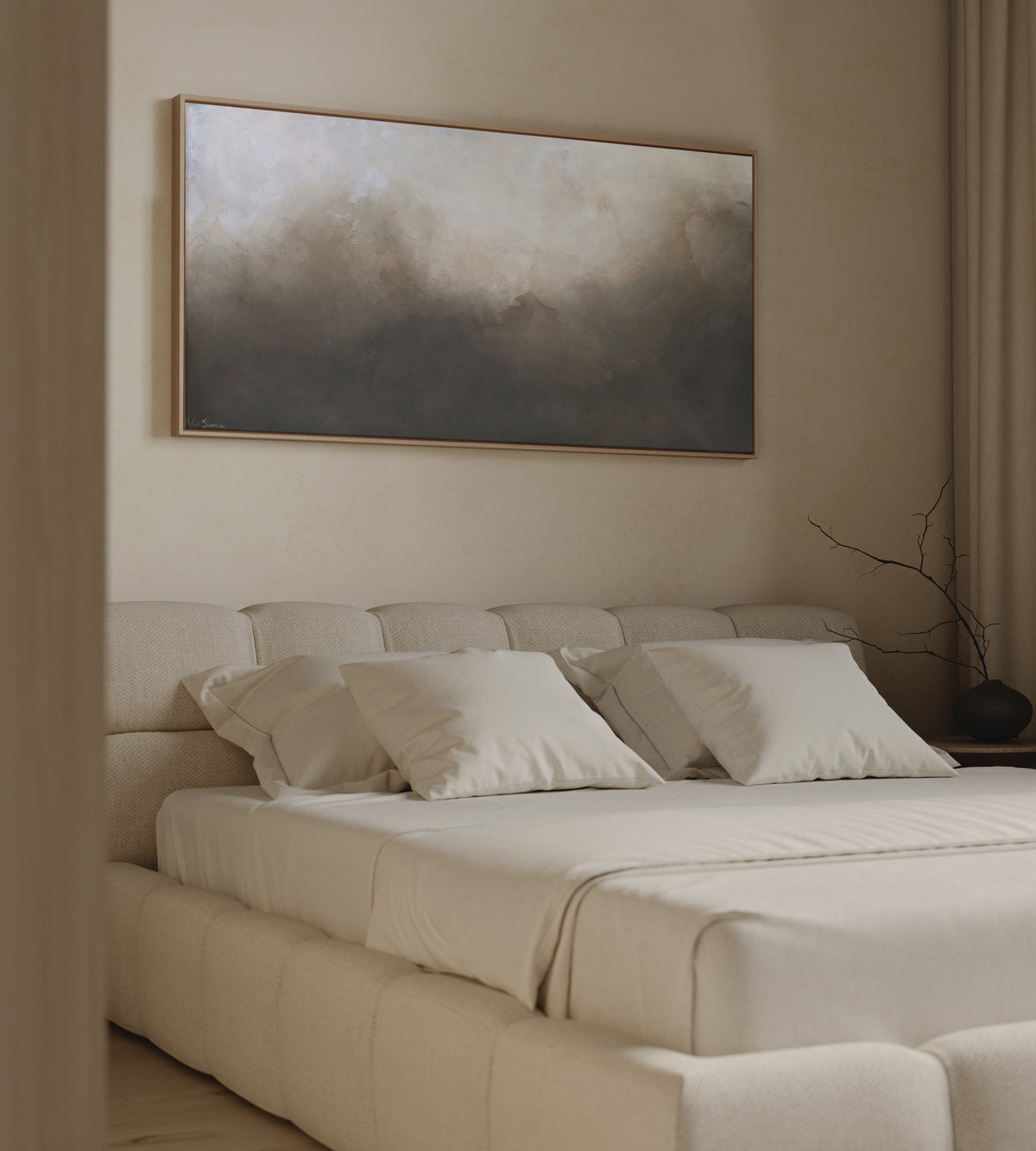 Neutral modern beige bedroom with a bed and abstract organic neutral-toned painting on the wall, color-drenched interior design. Credits: ©2025 Gabriela Azar Schreiner / Artmajeur.com x Art Collectiv.