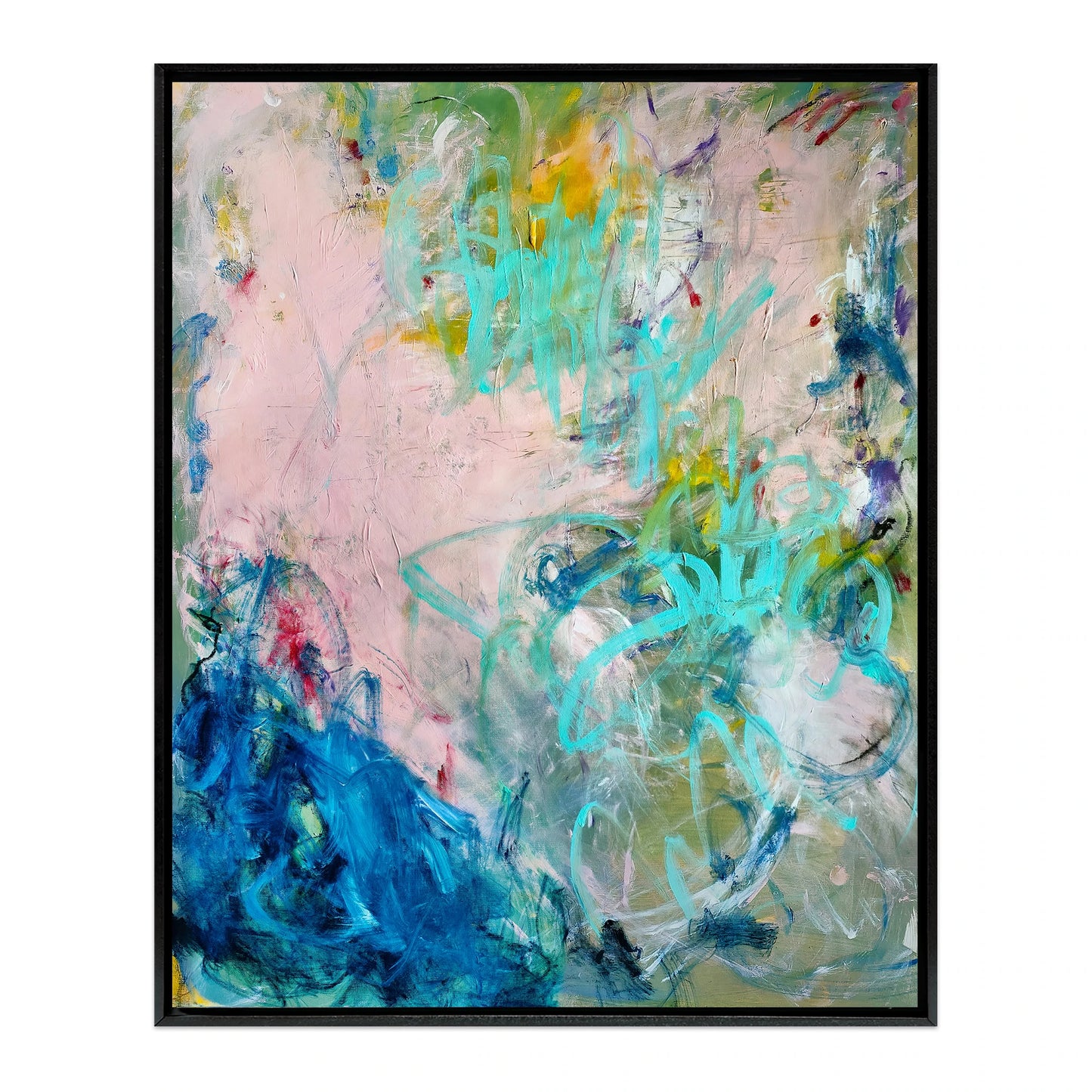 Gloria abstract expressionist canvas print with peach, coral, and sage green tones in black wood frame. By Emily Starck.
