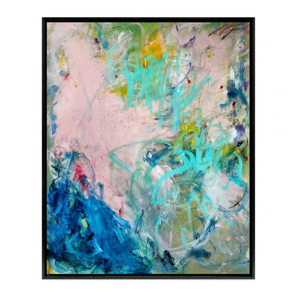 Gloria abstract expressionist canvas print with peach, coral, and sage green tones in black wood frame. By Emily Starck.