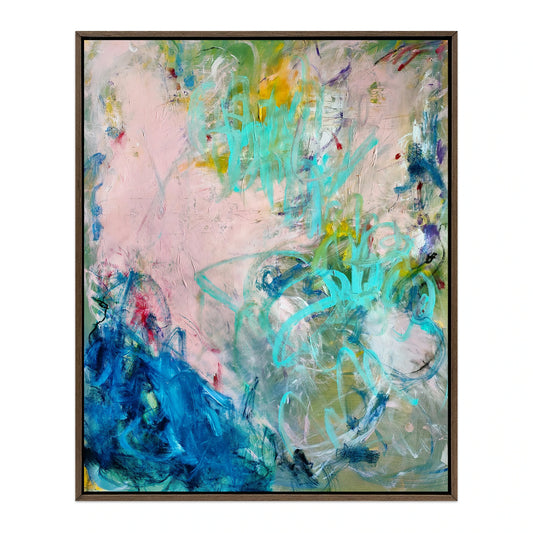 Gloria abstract expressionist canvas print with peach, coral, and sage green tones in espresso wood frame. By Emily Starck.