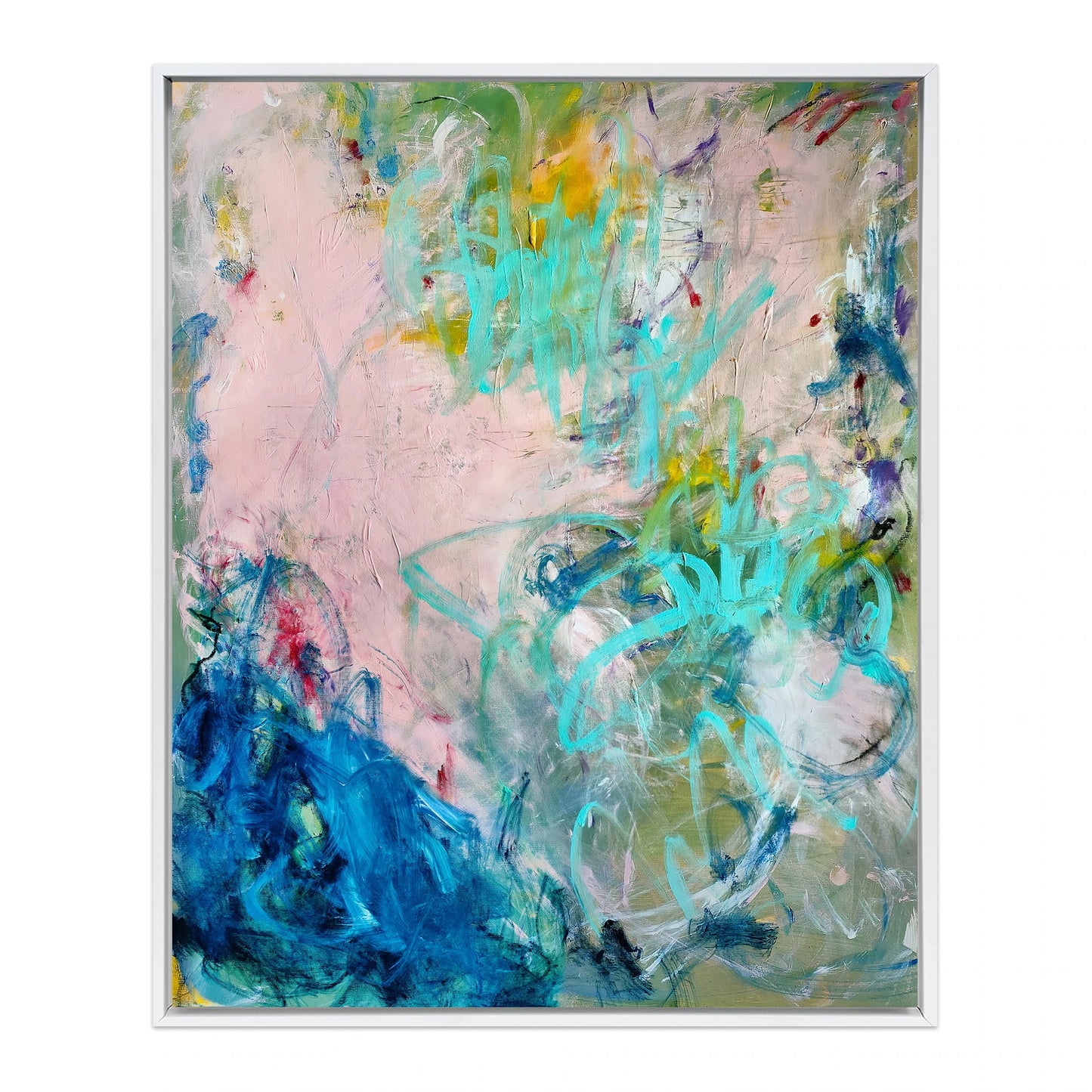 Gloria abstract expressionist canvas print with peach, coral, and sage green tones in white wood frame. By Emily Starck.