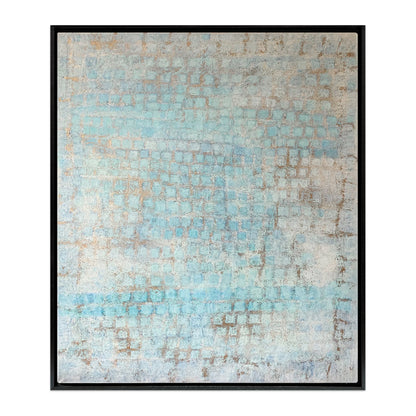 Abstract coastal art print on canvas with turquoise, water blue, and sandy beige tones in a black stained wood frame. Venetian Perception by Nadée.