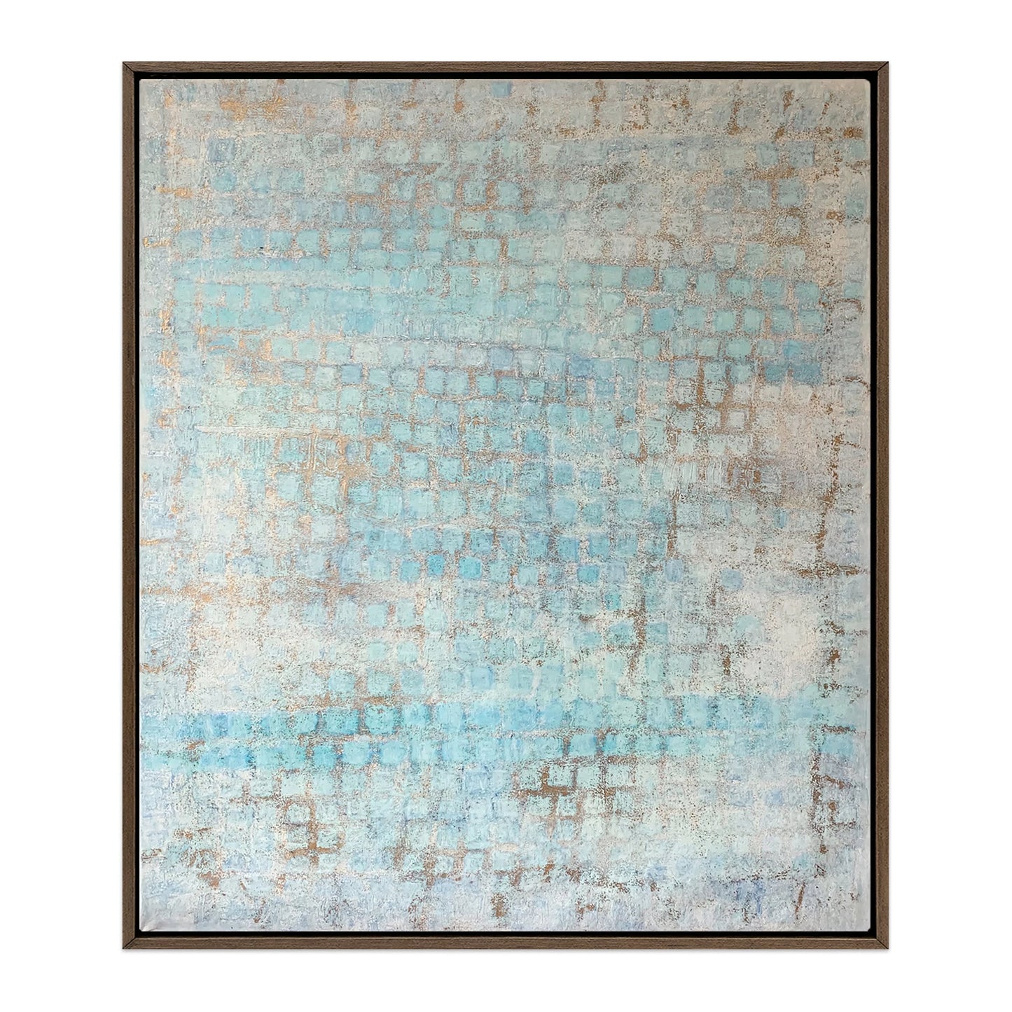 Abstract coastal art print on canvas with turquoise, water blue, and sandy beige tones in a dark brown espresso wood frame. Venetian Perception by Nadée.