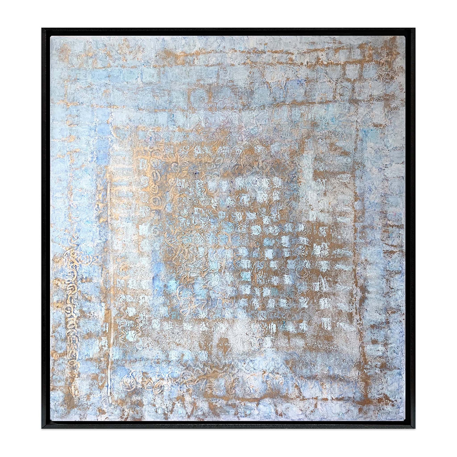 Abstract painting with weathered blue and ochre textures resembling aged Italian palazzo walls, framed in a black wood floater frame. Palazzo Silenzioso coastal art by Nadée.