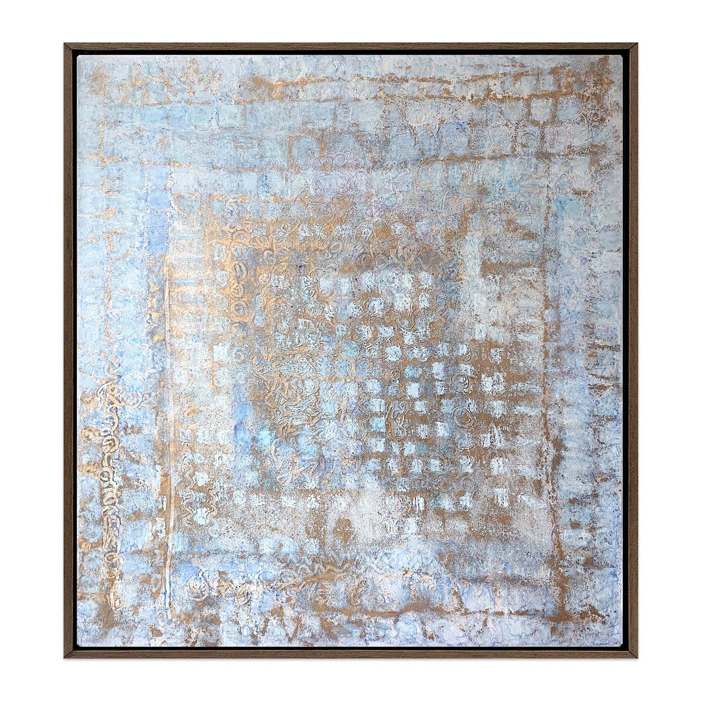 Abstract painting with weathered blue and ochre textures resembling aged Italian palazzo walls, framed in an espresso brown wood floater frame. Palazzo Silenzioso coastal art by Nadée.