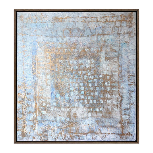 Abstract painting with weathered blue and ochre textures resembling aged Italian palazzo walls, framed in an espresso brown wood floater frame. Palazzo Silenzioso coastal art by Nadée.