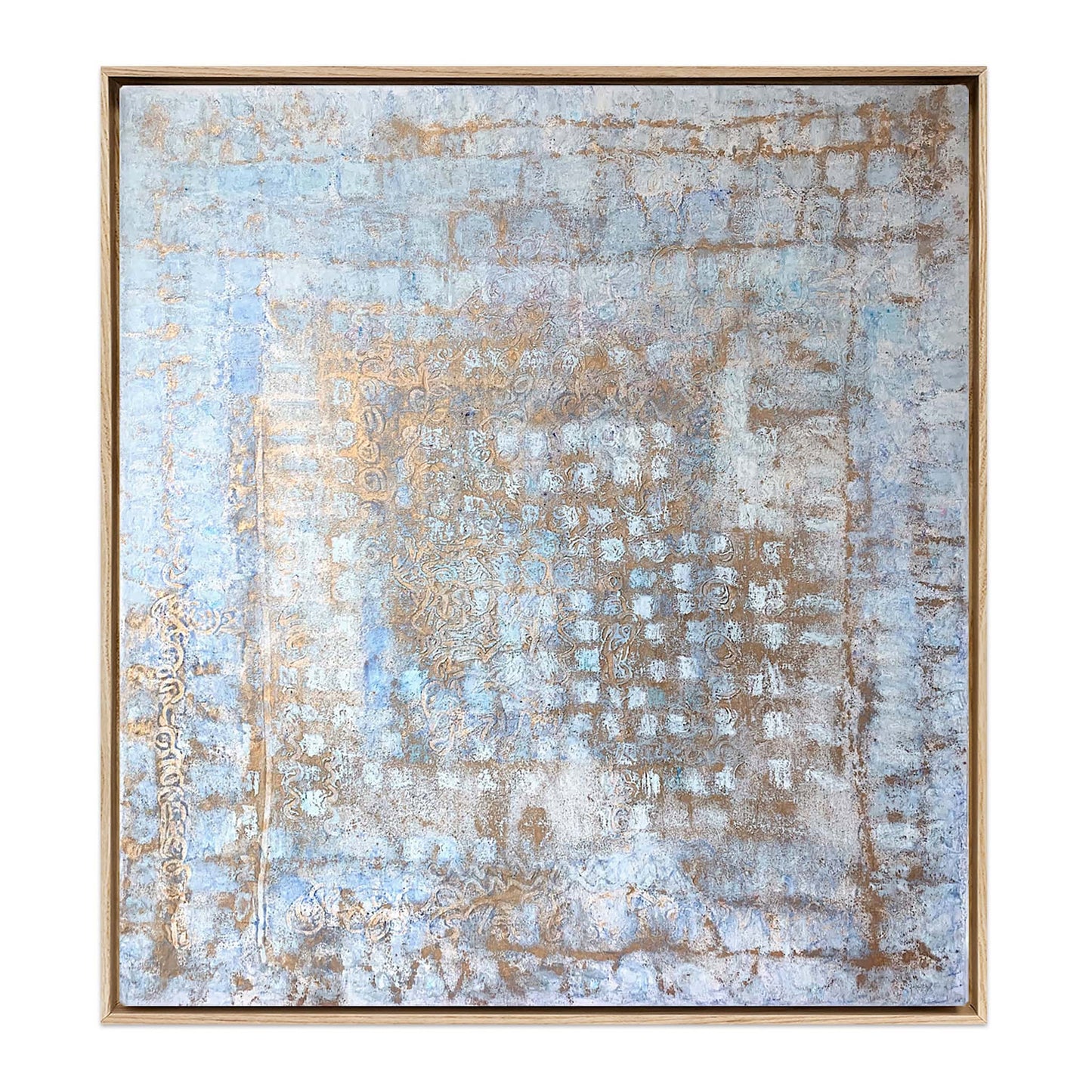 Abstract painting with weathered blue and ochre textures resembling aged Italian palazzo walls, framed in a natural wood floater frame. Palazzo Silenzioso coastal art by Nadée.