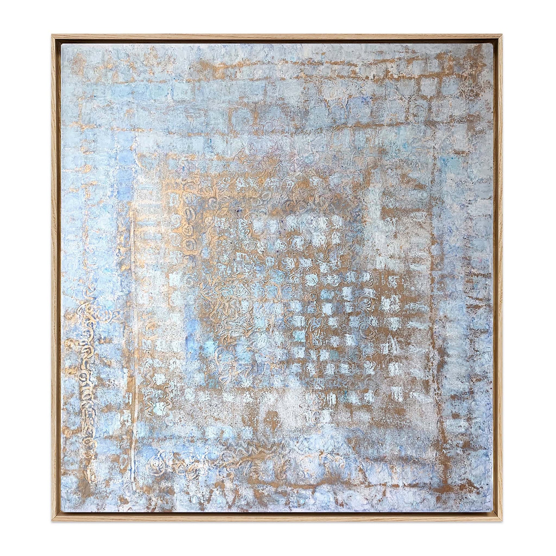 Abstract painting with weathered blue and ochre textures resembling aged Italian palazzo walls, framed in a natural wood floater frame. Palazzo Silenzioso coastal art by Nadée.