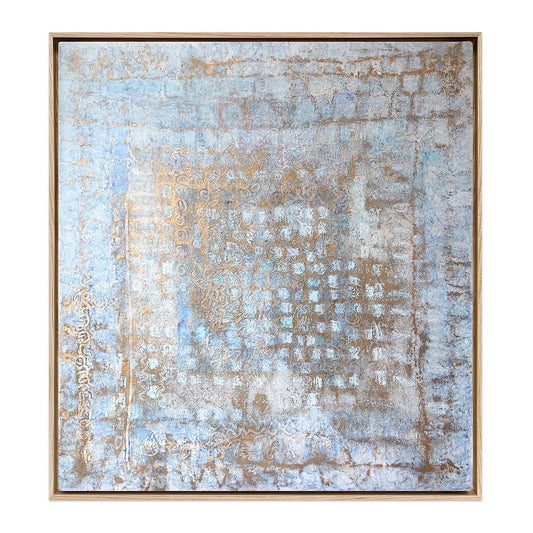 Abstract painting with weathered blue and ochre textures resembling aged Italian palazzo walls, framed in a natural wood floater frame. Palazzo Silenzioso coastal art by Nadée.