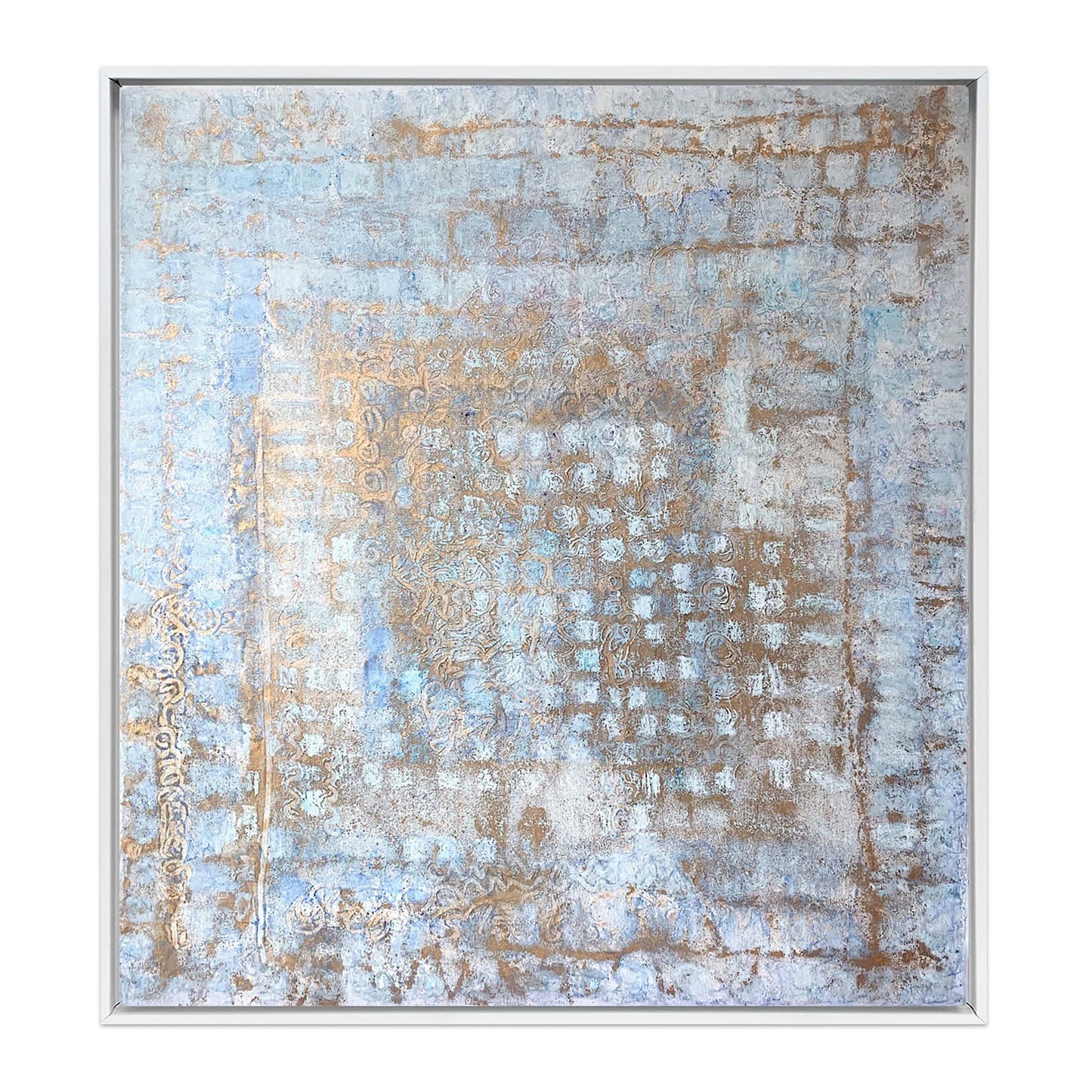 Abstract painting with weathered blue and ochre textures resembling aged Italian palazzo walls, framed in a white wood floater frame. Palazzo Silenzioso coastal art by Nadée.