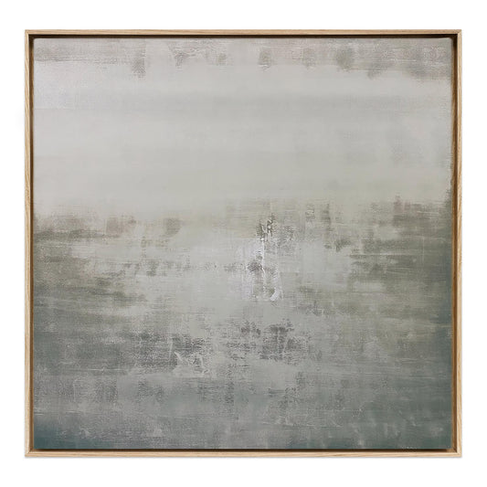 Abstract No 224 minimalist canvas print with pearl gray and sage neutral tones in natural wood frame. By Nivas Kanhere.