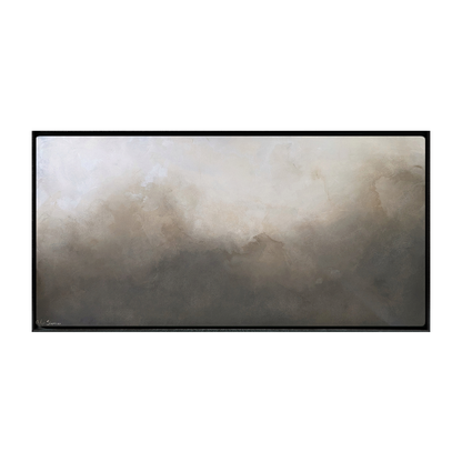 Abstract organic canvas print of cloudy mist, neutral colors, with a black stained wood frame. Earthsong neutral abstract art by Gabriela Azar Schreiner.