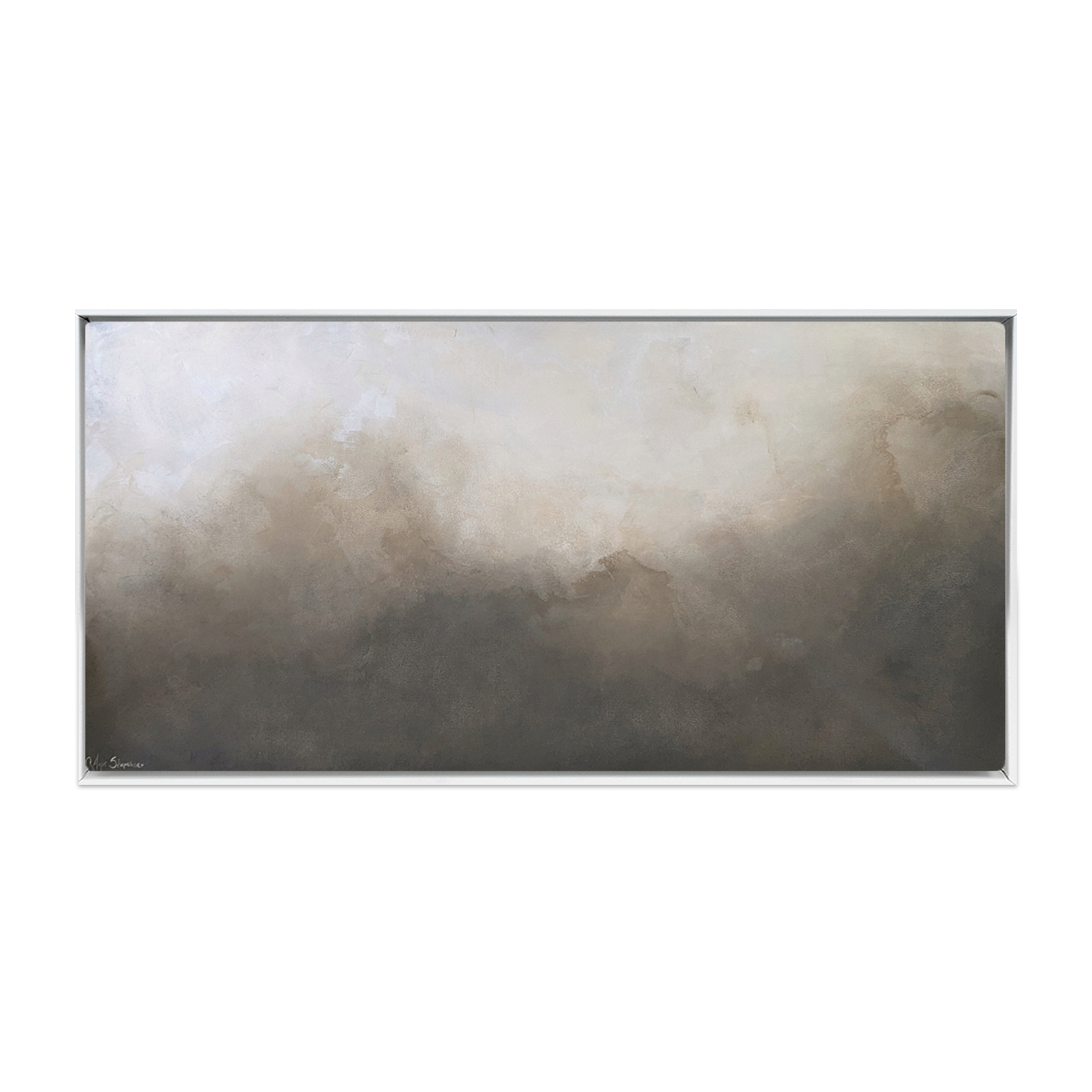 Abstract organic canvas print of cloudy mist, neutral colors, with a white wood frame. Earthsong neutral abstract art by Gabriela Azar Schreiner.