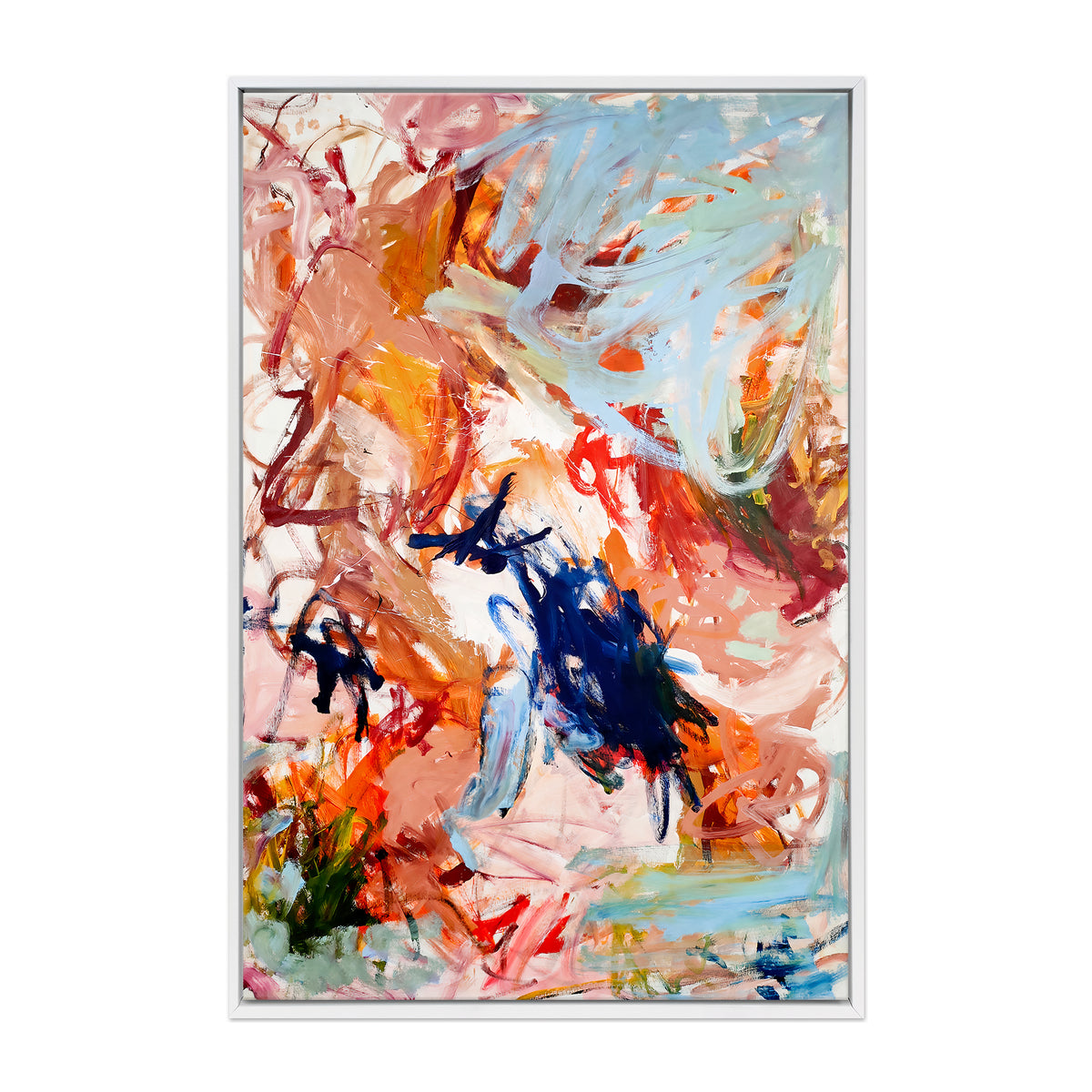 Dream Big abstract expressionist canvas print with vibrant fuchsia, blue, and coral tones in white wood frame. By Emily Starck.