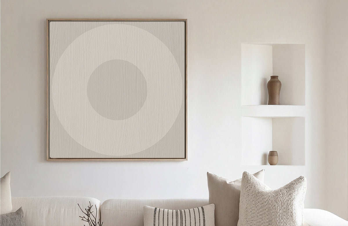 Circle O Mark, Minimalist Geo Art on Framed Canvas, Wall Art in Driftwood
