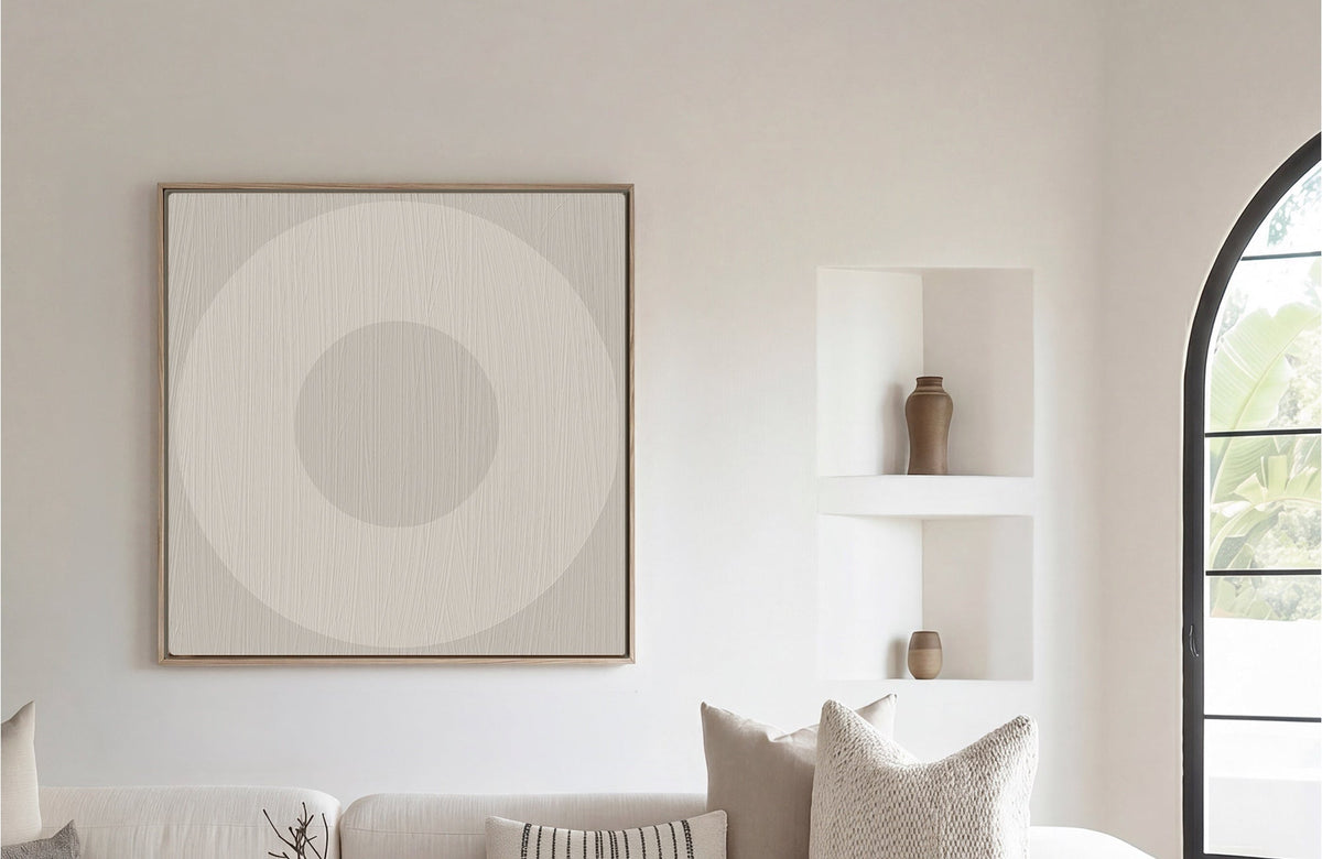 Circle O Mark, Minimalist Geo Art on Framed Canvas, Wall Art in Driftwood