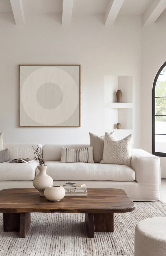 Circle O Mark, Minimalist Geo Art on Framed Canvas, Wall Art in Driftwood
