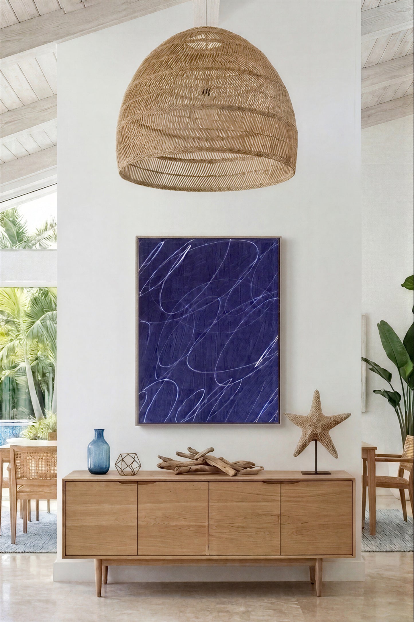 Gestural Marks in Deep Ocean Framed Canvas Wall Art