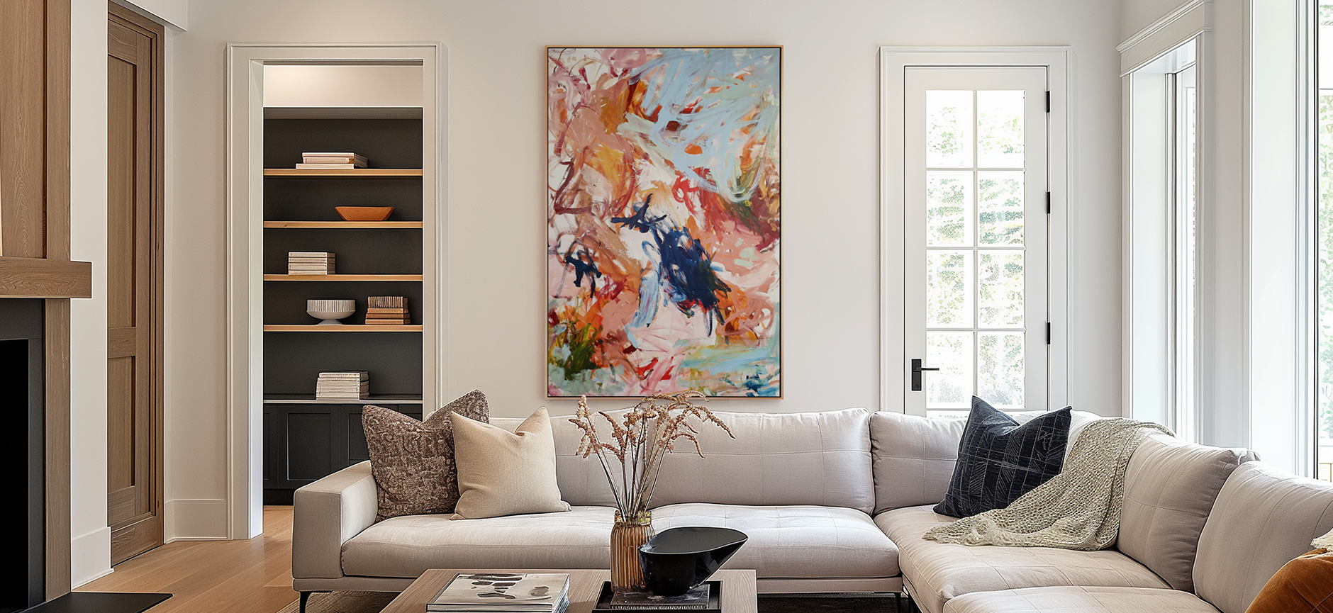 Contemporary abstract canvas wall art framed on a neutral wall in a modern craftsman-style room styled by an interior designer. Credits: ©2019 Nadée / Artmajeur.com x Art Collectiv.