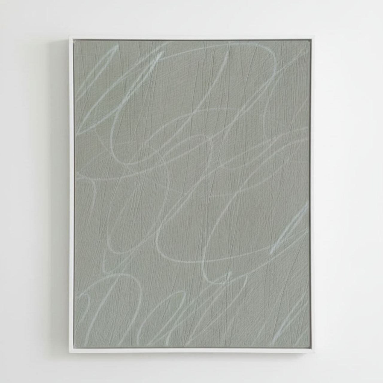 Abstract art piece with wavy lines on a light gray background, framed in white wood frame