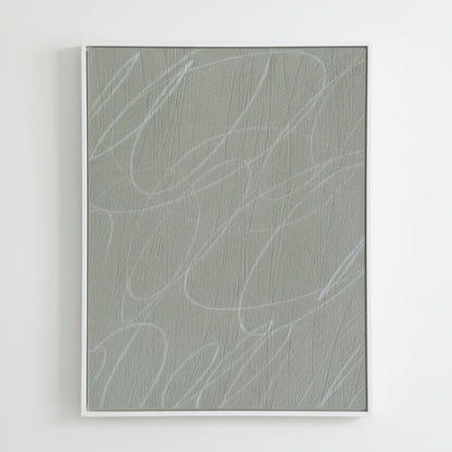 Abstract art piece with wavy lines on a light gray background, framed in white wood frame