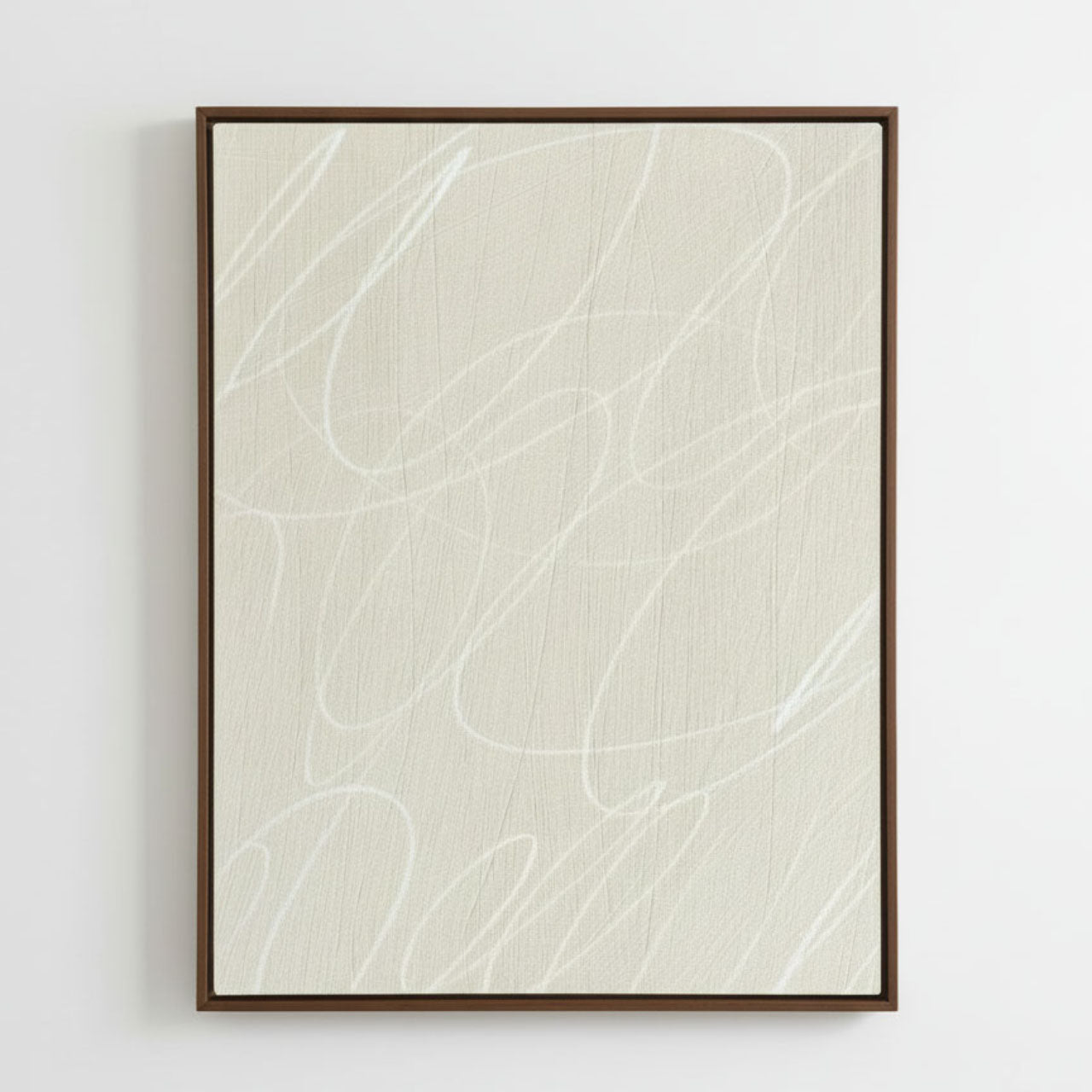 Abstract art print with wavy lines in a brown frame on a white background