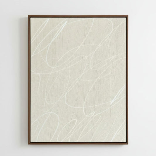 Abstract art print with wavy lines in a brown frame on a white background