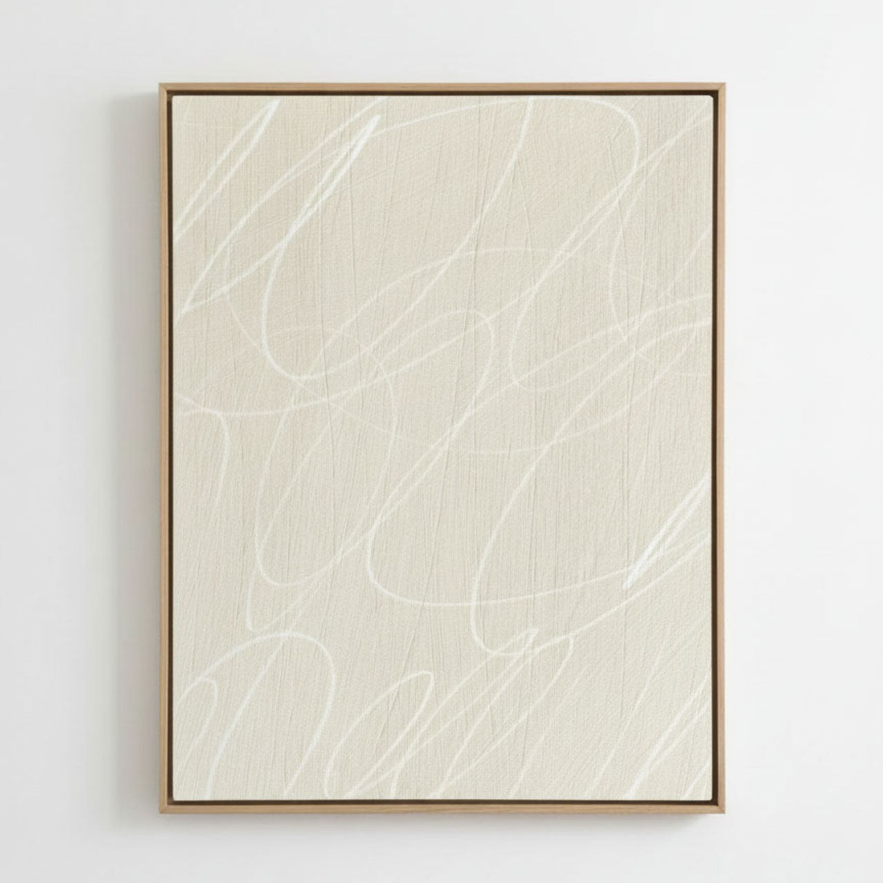 Framed abstract artwork with white lines in a natural wood frame on a light gray background