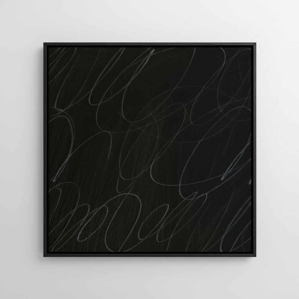 Framed abstract artwork with black background and white gestural lines in a black wood frame
