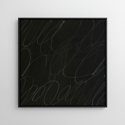 Framed abstract artwork with black background and white gestural lines in a black wood frame