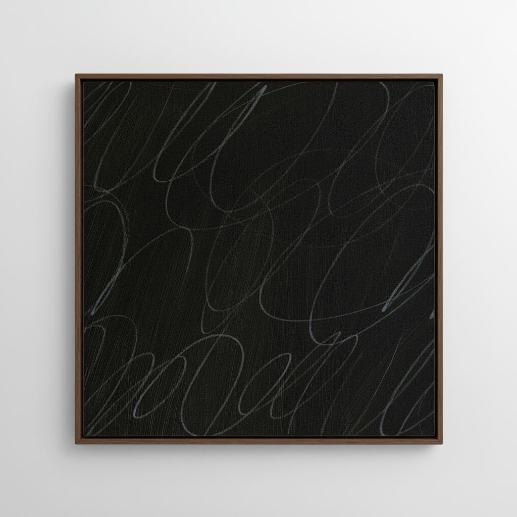 Framed abstract artwork with black background and white gestural lines in a natural dark wood frame