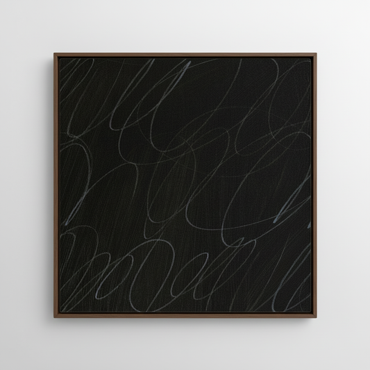 Framed abstract artwork with black background and white gestural lines in a natural dark wood frame