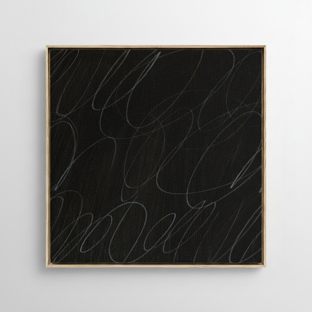 Framed abstract artwork with black background and white gestural lines in a natural wood frame