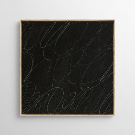 Framed abstract artwork with black background and white gestural lines in a natural wood frame