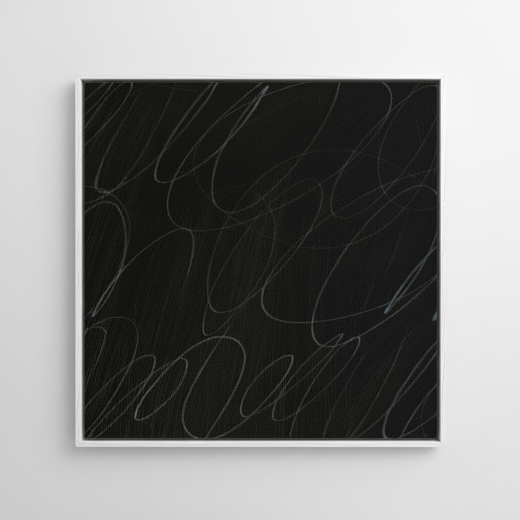 Framed abstract artwork with black background and white gestural lines in a white wood frame