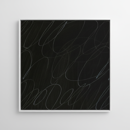 Framed abstract artwork with black background and white gestural lines in a white wood frame