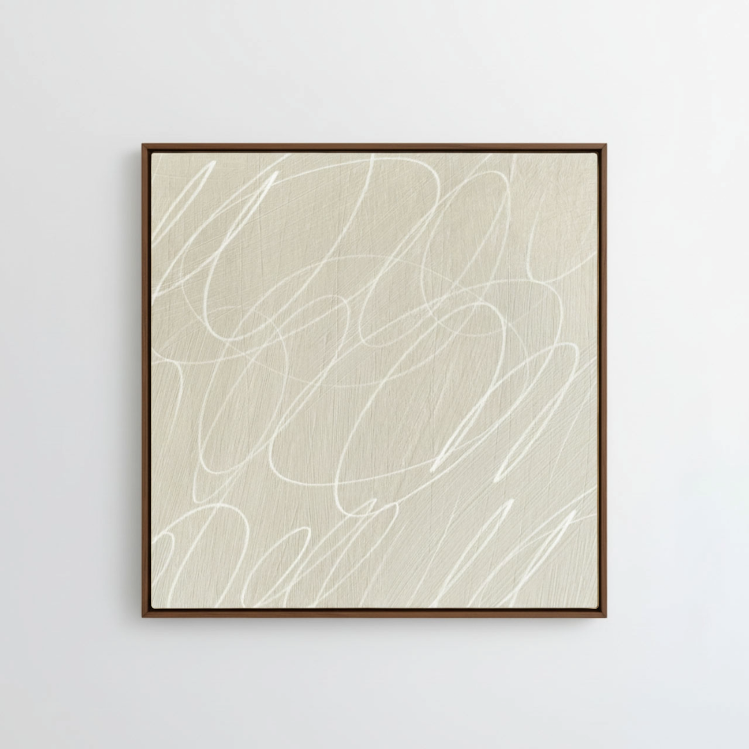 Framed abstract artwork with black background and white lines in a natural dark wood frame