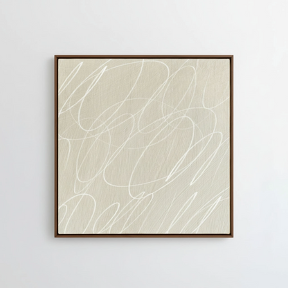 Framed abstract artwork with black background and white lines in a natural dark wood frame