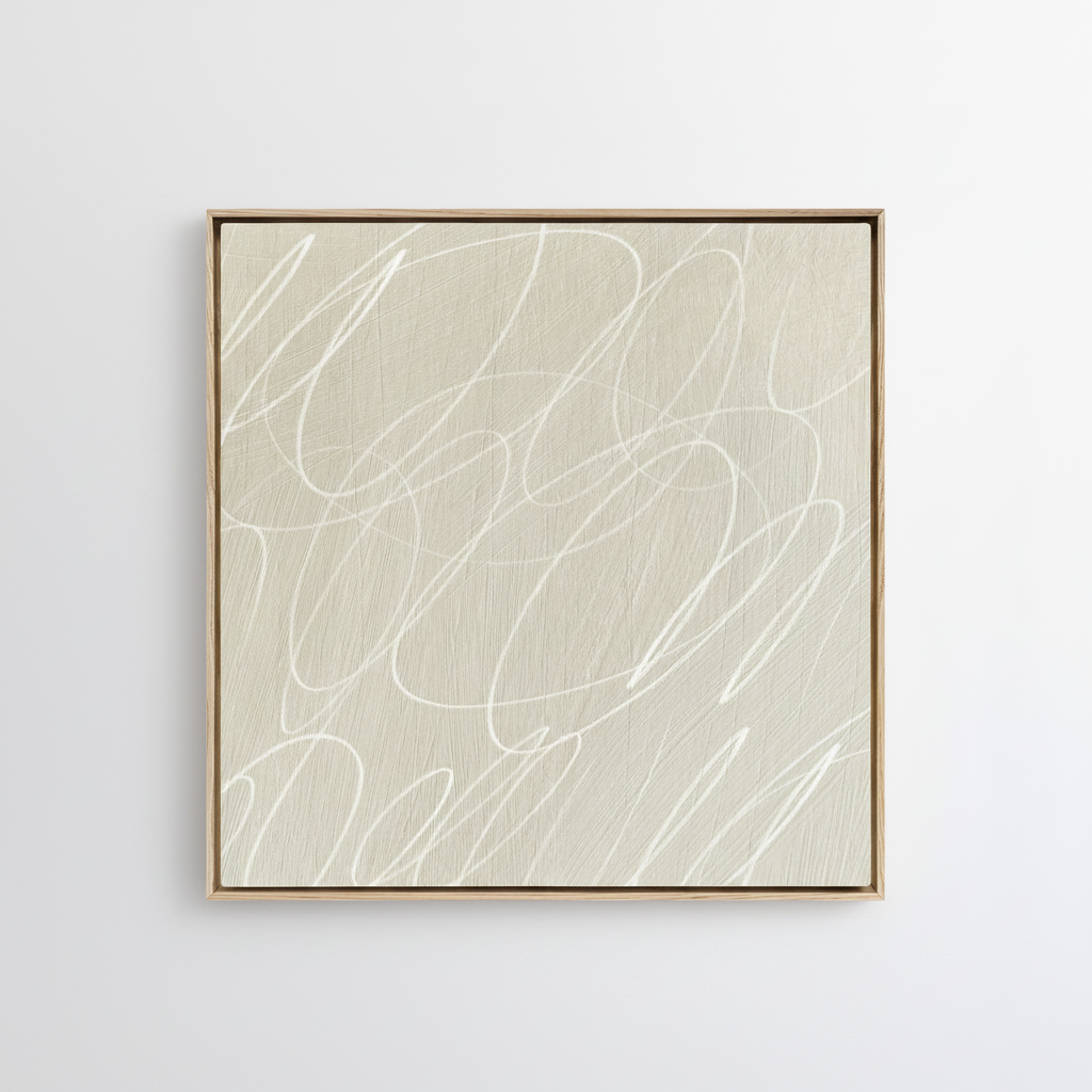 Framed abstract artwork with black background and white lines in a natural wood frame
