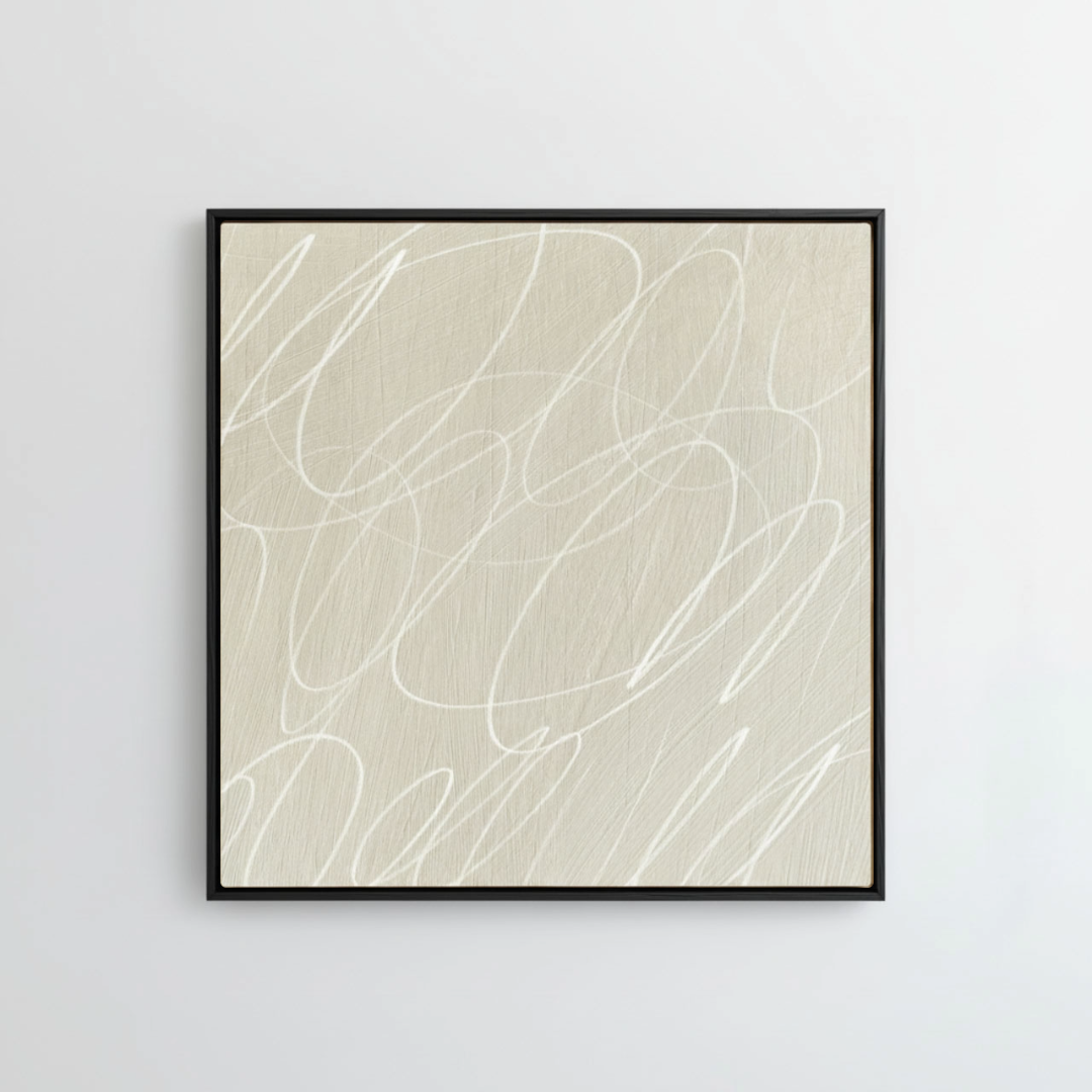 Framed abstract artwork with black background and white lines in a black wood frame