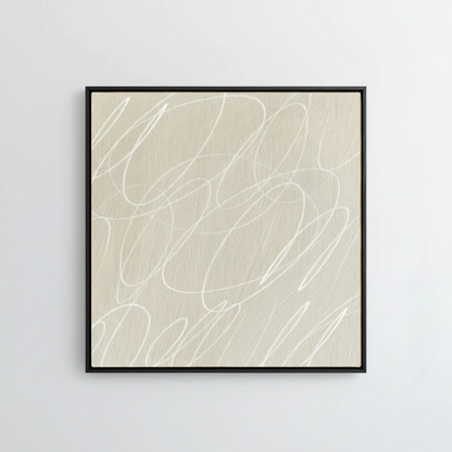 Framed abstract artwork with black background and white lines in a black wood frame