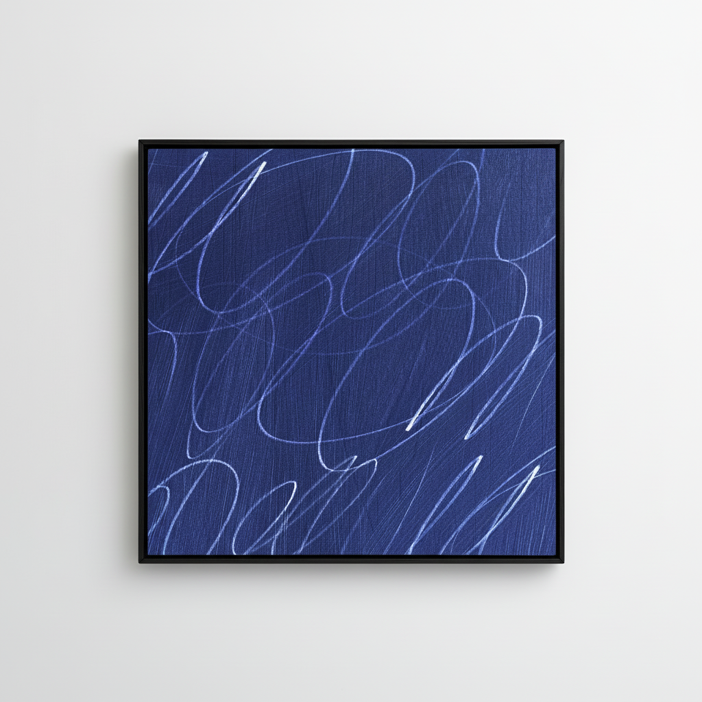 Framed abstract artwork with marine blue painted background and white gestural lines in a natural black wood frame
