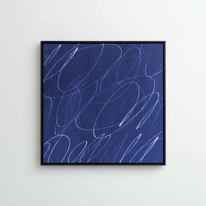 Framed abstract artwork with marine blue painted background and white gestural lines in a natural black wood frame