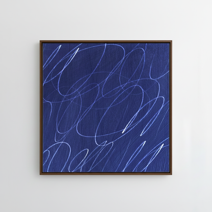 Framed abstract artwork with marine blue painted background and white gestural lines in a natural dark wood frame