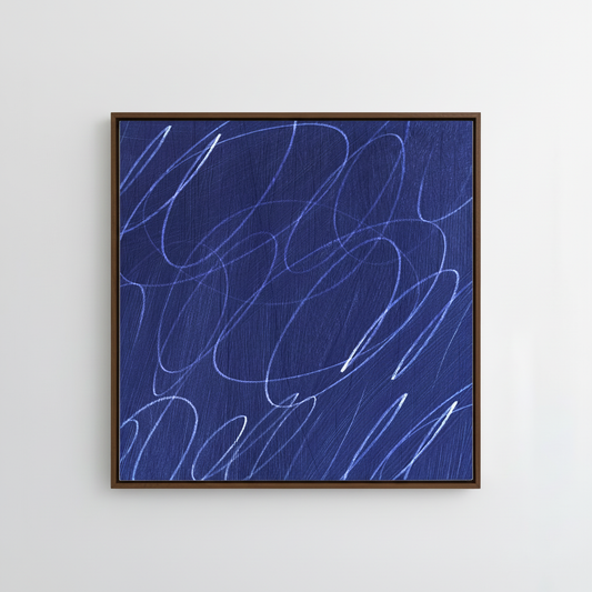 Framed abstract artwork with marine blue painted background and white gestural lines in a natural dark wood frame