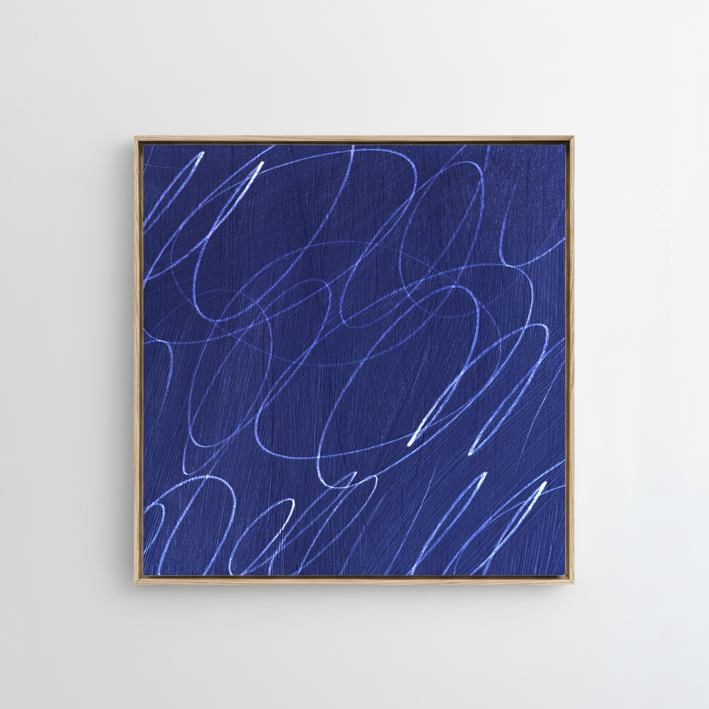Framed abstract artwork with marine blue painted background and white gestural lines in a natural wood frame